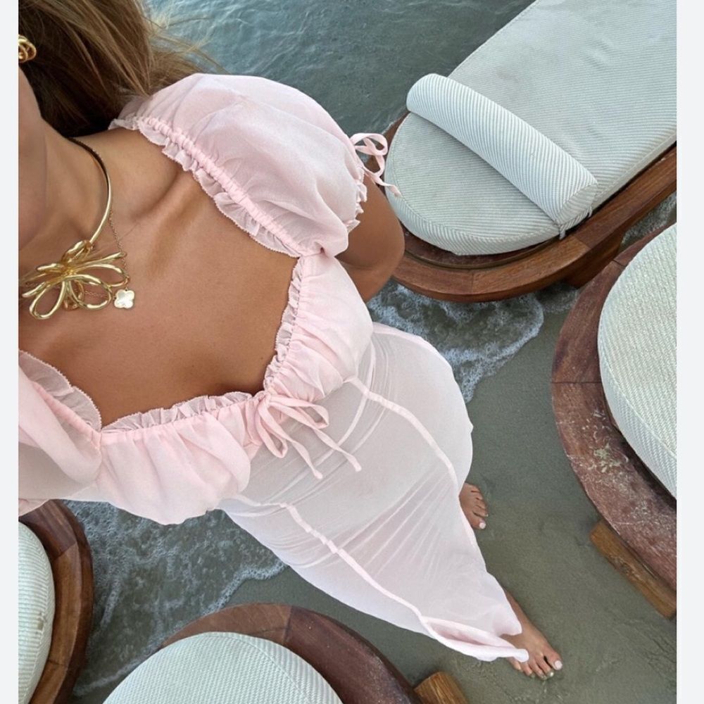 LOBA sheer Pink Midi Dress April Pastel Pink puff sleeves lingerie Revolve S - Picture 4 of 15